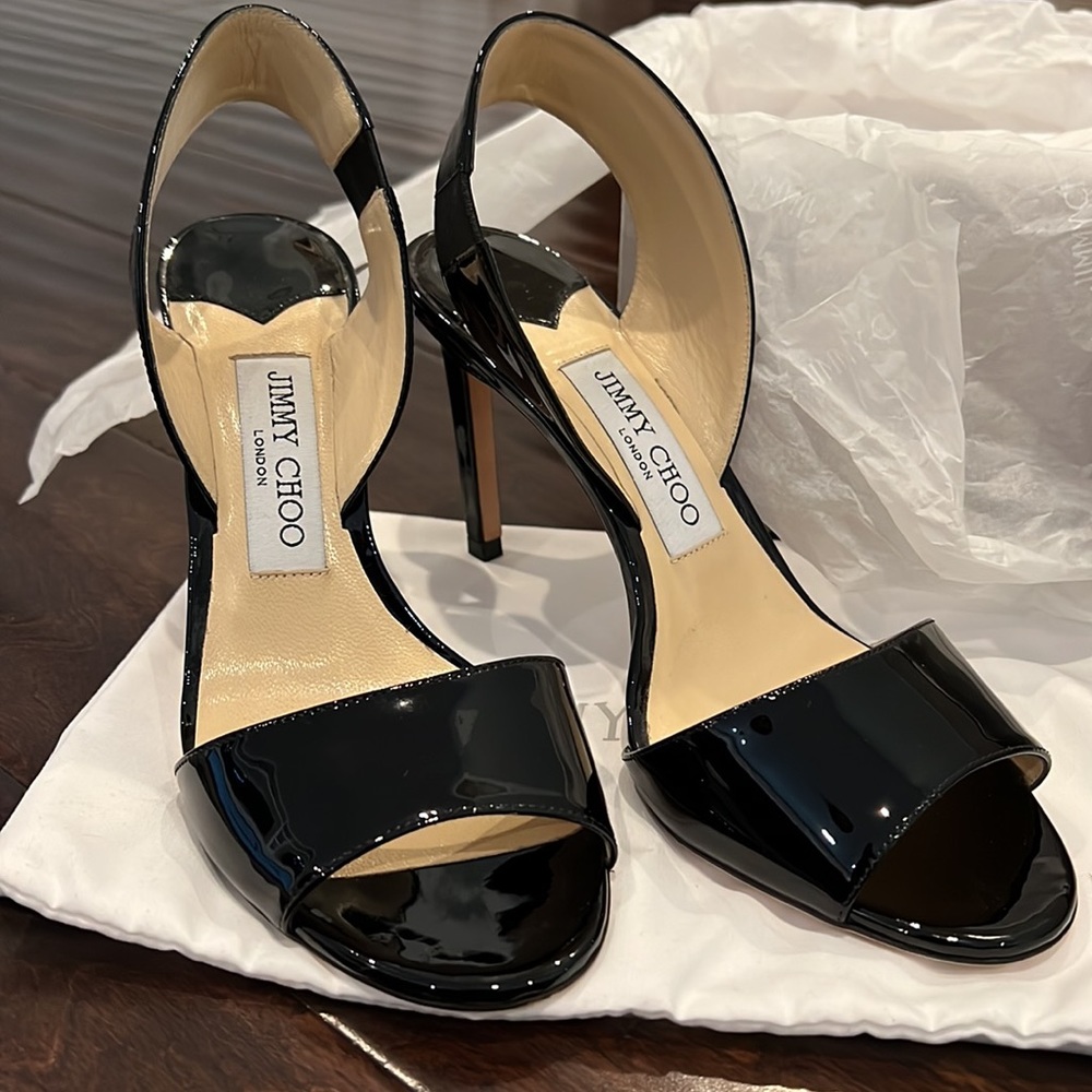 Jimmy Choo- Black Patent Leather Sheila Slingback Heels, 85